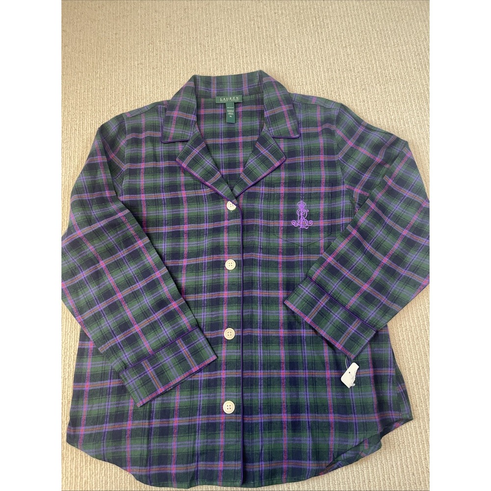 Lauren Ralph Lauren Womens XL Flannel Pajama Top Green Purple Plaid Monogram